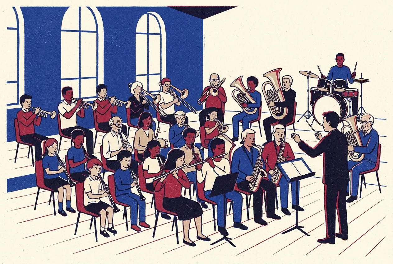 Orchestre d'harmonie en répétition dans une salle : enfants, adultes et musiciens âgés aux clarinettes, flûtes, saxophones, trompettes, trombones et tubas, percussions au fond, chef debout devant.