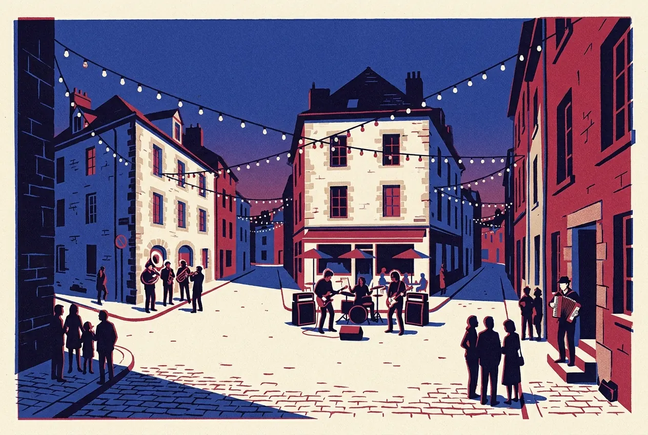 Rue pavée d'une petite ville un soir d'été sous des guirlandes lumineuses : une fanfare, un groupe de rock devant un café et un accordéoniste jouent en même temps devant le public.