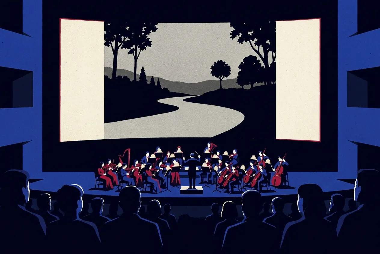 Ciné-concert : un orchestre symphonique et son chef jouent sur scène sous un grand écran qui projette un paysage en noir et blanc, salle plongée dans le noir.