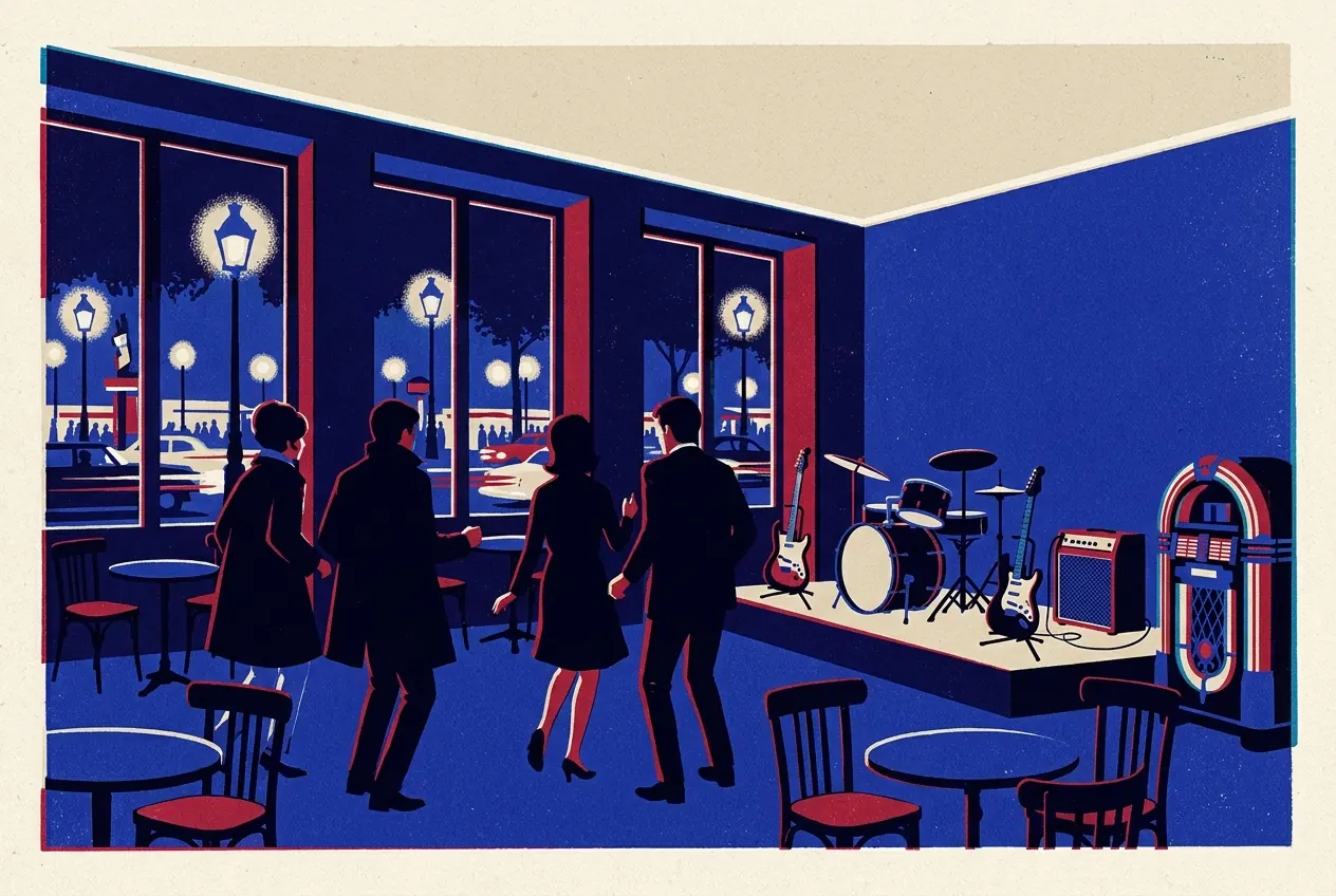 Vue d'artiste d'un club parisien du début des années 1960 au premier étage : petite scène avec batterie et guitares, juke-box, tables de bistrot, danseurs et fenêtres sur un boulevard éclairé.