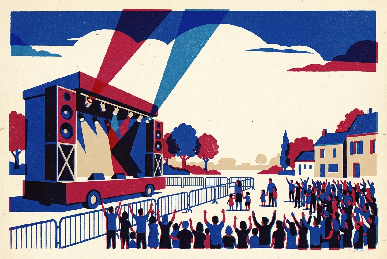 Scène mobile avec enceintes et projecteurs sur une esplanade de petite ville, public derrière les barrières, bras levés, quelques familles au fond.