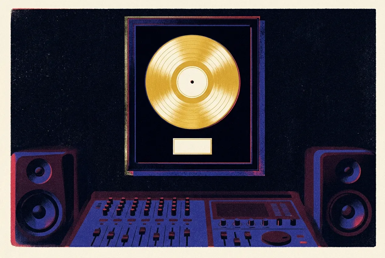 Disque d'or encadré, plaque vierge, accroché au mur sombre d'un studio, au-dessus d'une console de mixage et de deux enceintes de monitoring.