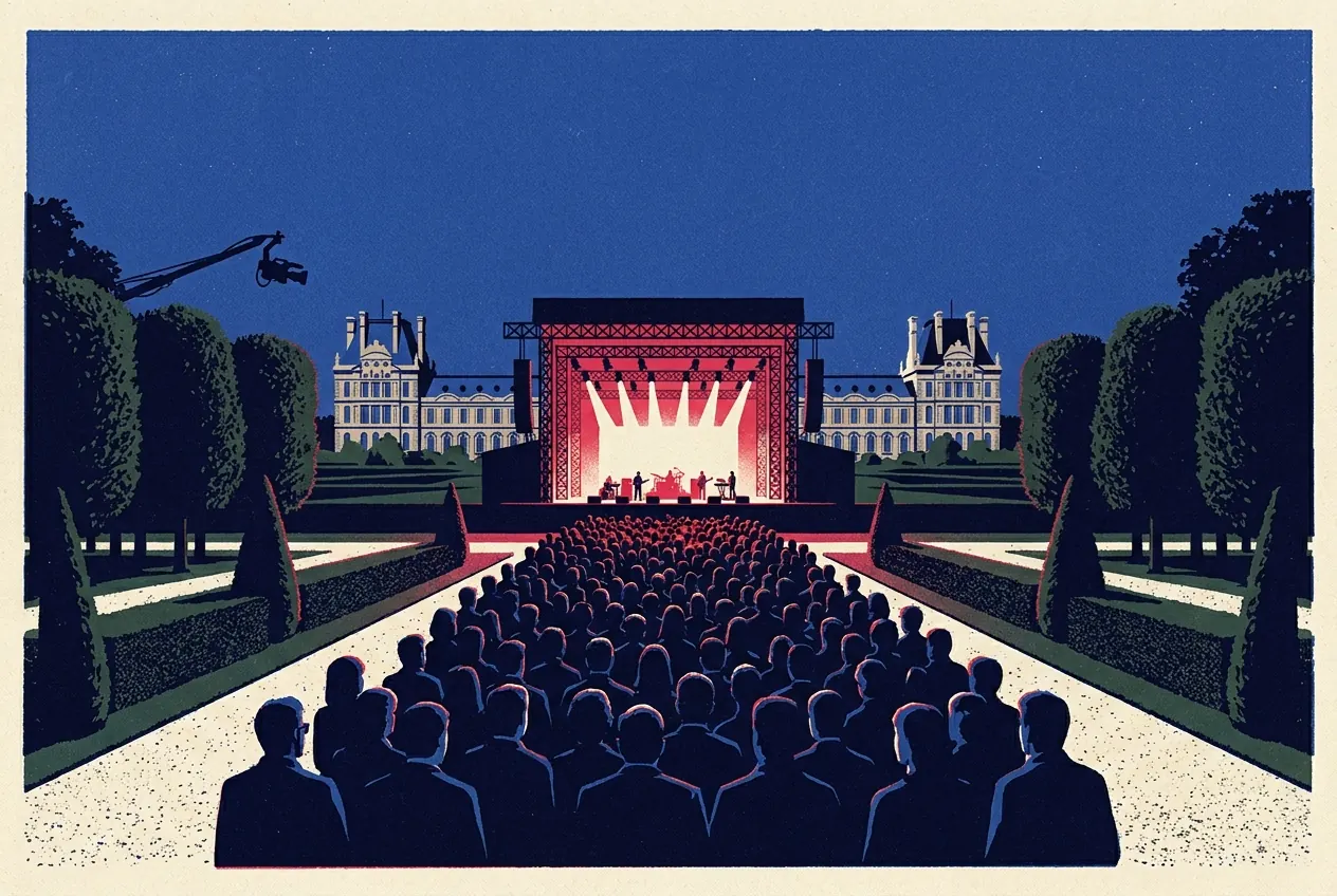 Grand concert gratuit en plein air dans un jardin à la française au crépuscule, scène éclairée au bout d'une allée, façade de palais au loin et foule vue de dos.