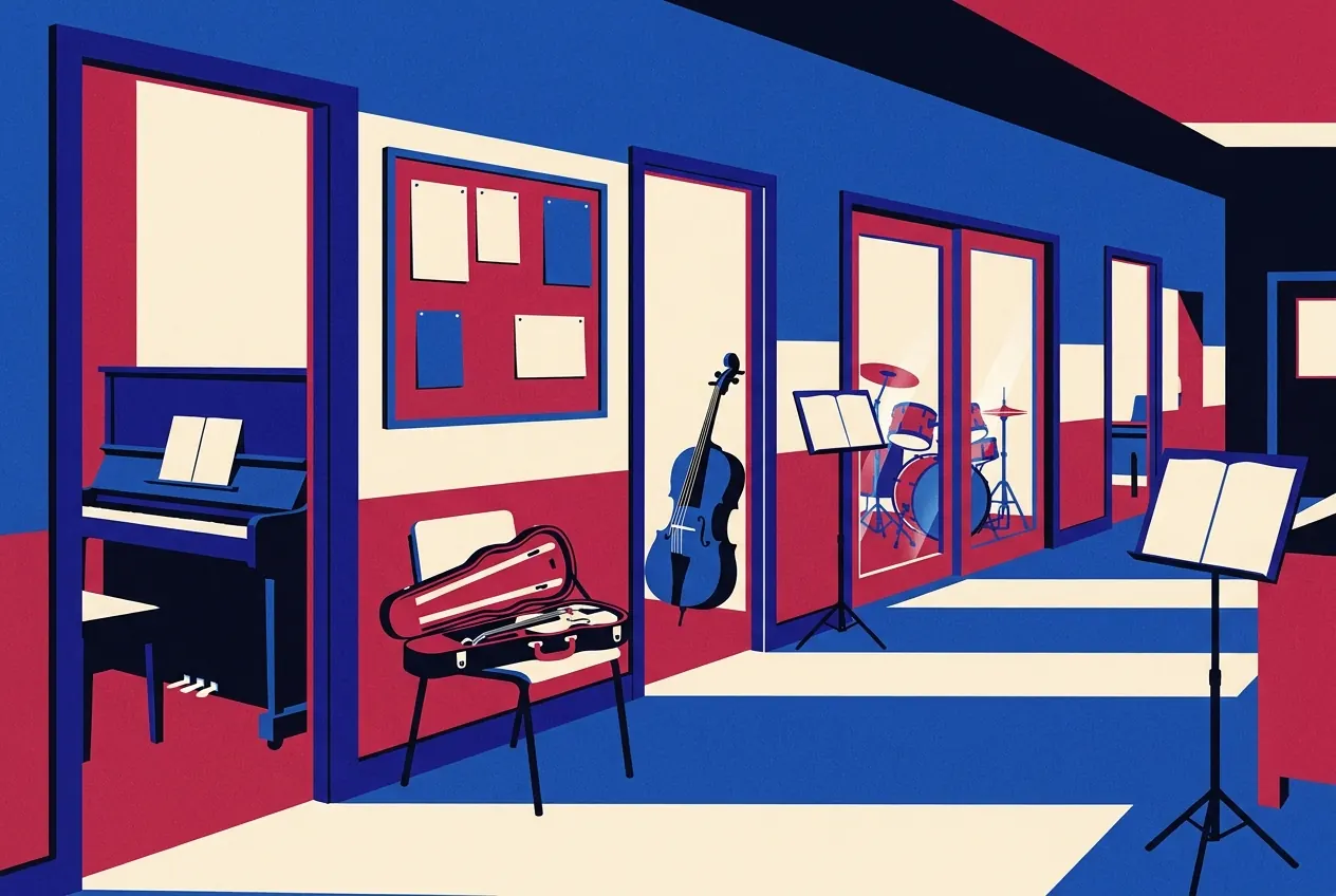 Couloir d'école de musique vide : piano droit dans une salle, étui de violon ouvert sur une chaise, violoncelle, batterie derrière une porte vitrée et pupitres.