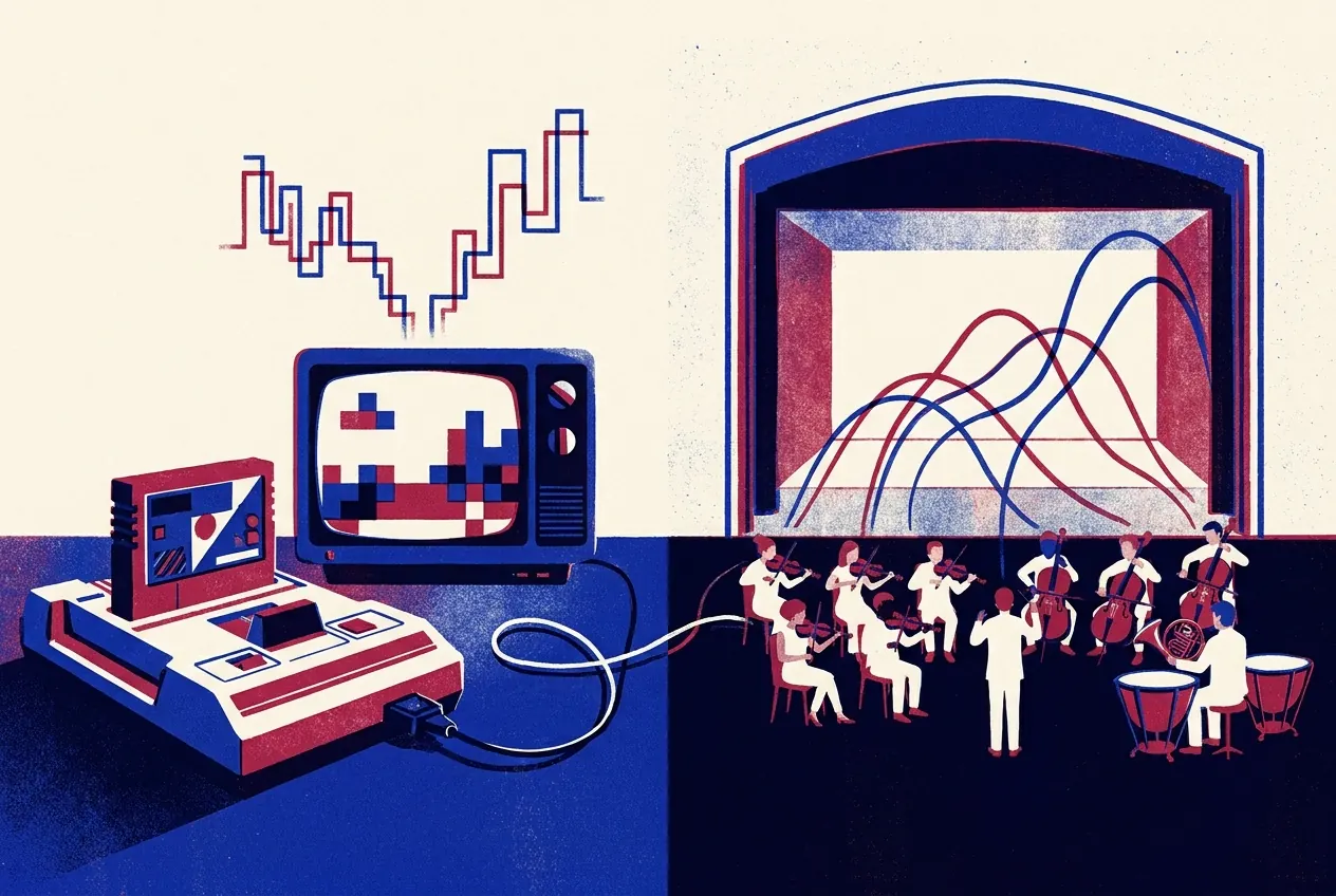 À gauche, une console de jeu des années 1980 branchée sur un téléviseur, ondes sonores carrées ; à droite, une section d'orchestre symphonique aux ondes arrondies.