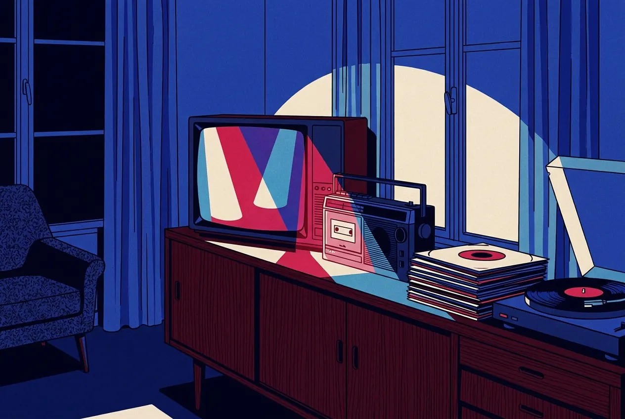 Salon français des années 1980 le soir : téléviseur allumé sur des jeux de lumière de plateau, radiocassette, pile de 45 tours et tourne-disque sur un buffet.